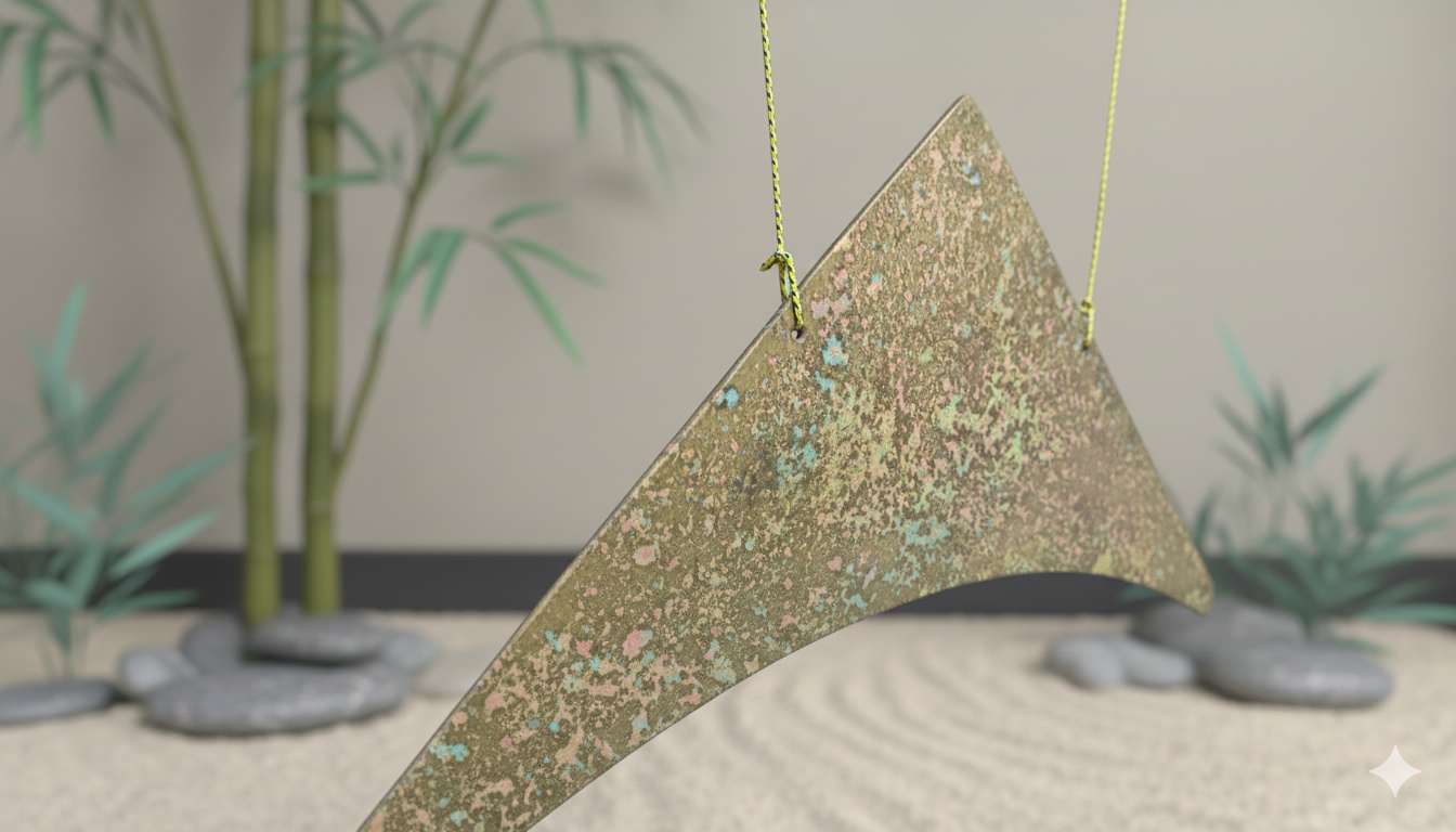 Campana armonizadora de metal con acabado tipo constelaciones colgada en un espacio zen – Harmony Gongs