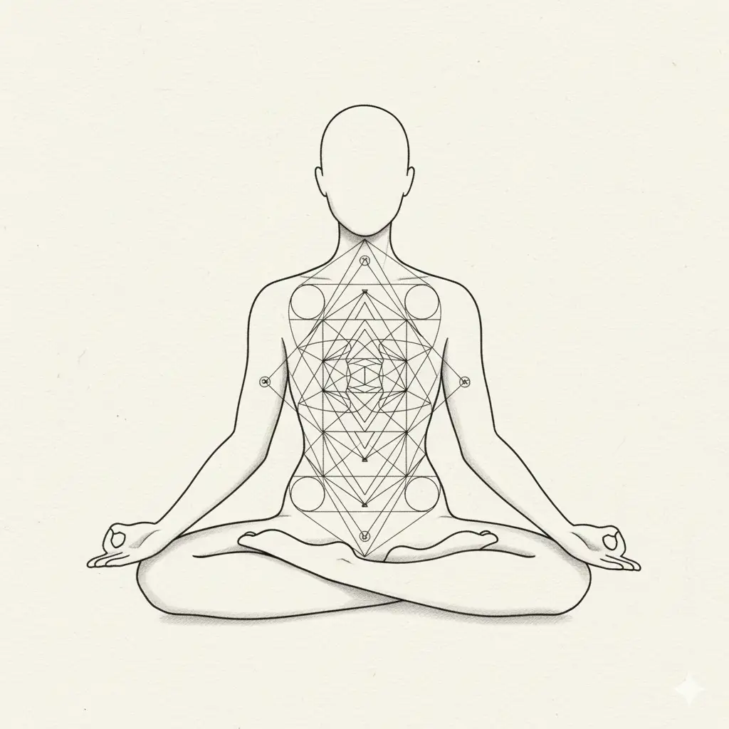 Ilustración de una persona meditando con un diseño geométrico lineal en el torso.<br />
