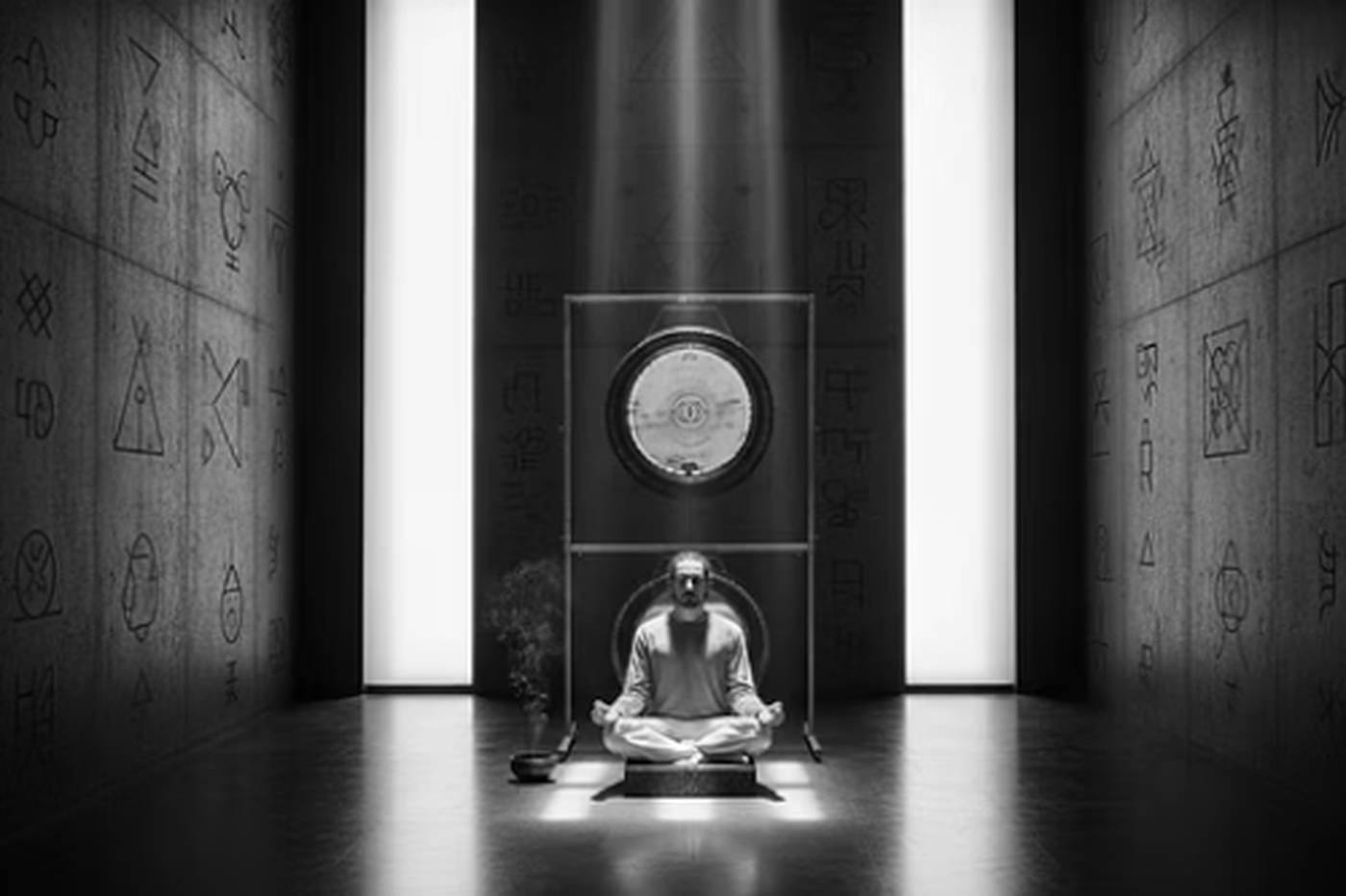 Escena simbólica que representa la leyenda de los Guardianes del Gong, con una figura meditando frente a un Gong en un espacio ceremonial.